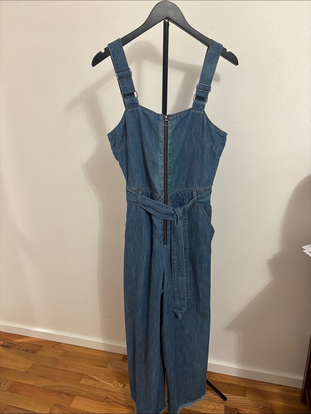 Adjustable-Strap Denim Jumpsuit with Self Tie in Blue